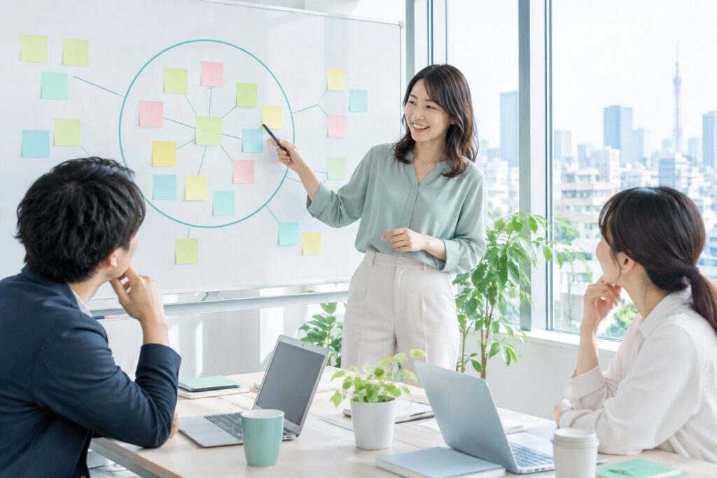 ホワイトボードの大きな円の中に多くの付箋をまとめ、一つの概念が多くの手法を含むことを説明するマーケター