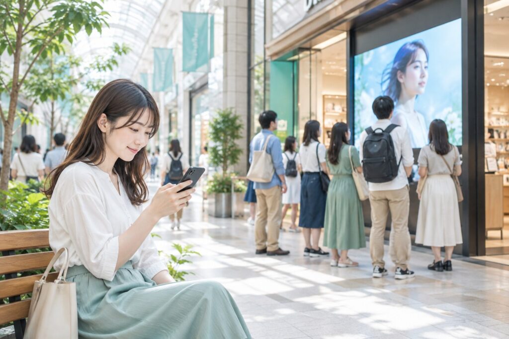 商業施設の店頭サイネージの前で足を止める買い物客と、ベンチでスマートフォンの動画広告を見る女性